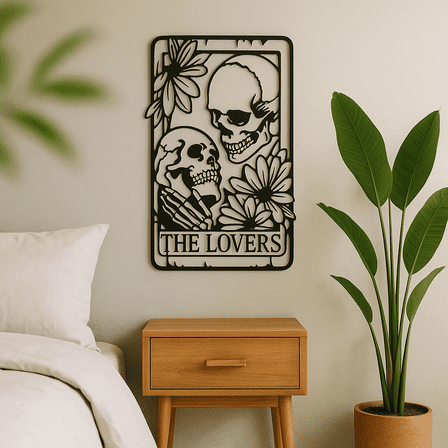 HELLOYOUNG 11.81 Inch Goth Room Decor Skull Couple Hanging Wall Stylish Mural Decorative Sculpture Mystery and horror. THE LOVERS" Inscription Iron Floral Marker Sign Boho Lovers Wall Sculpture