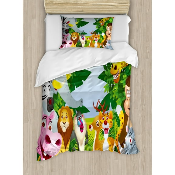 Nursery Twin Size Duvet Cover Set, Group of Safari Jungle Animals with Funny Expressions Cute African Savannah Mascots, Decorative 2 Piece Bedding Set with 1 Pillow Sham, Multicolor, by Ambesonne