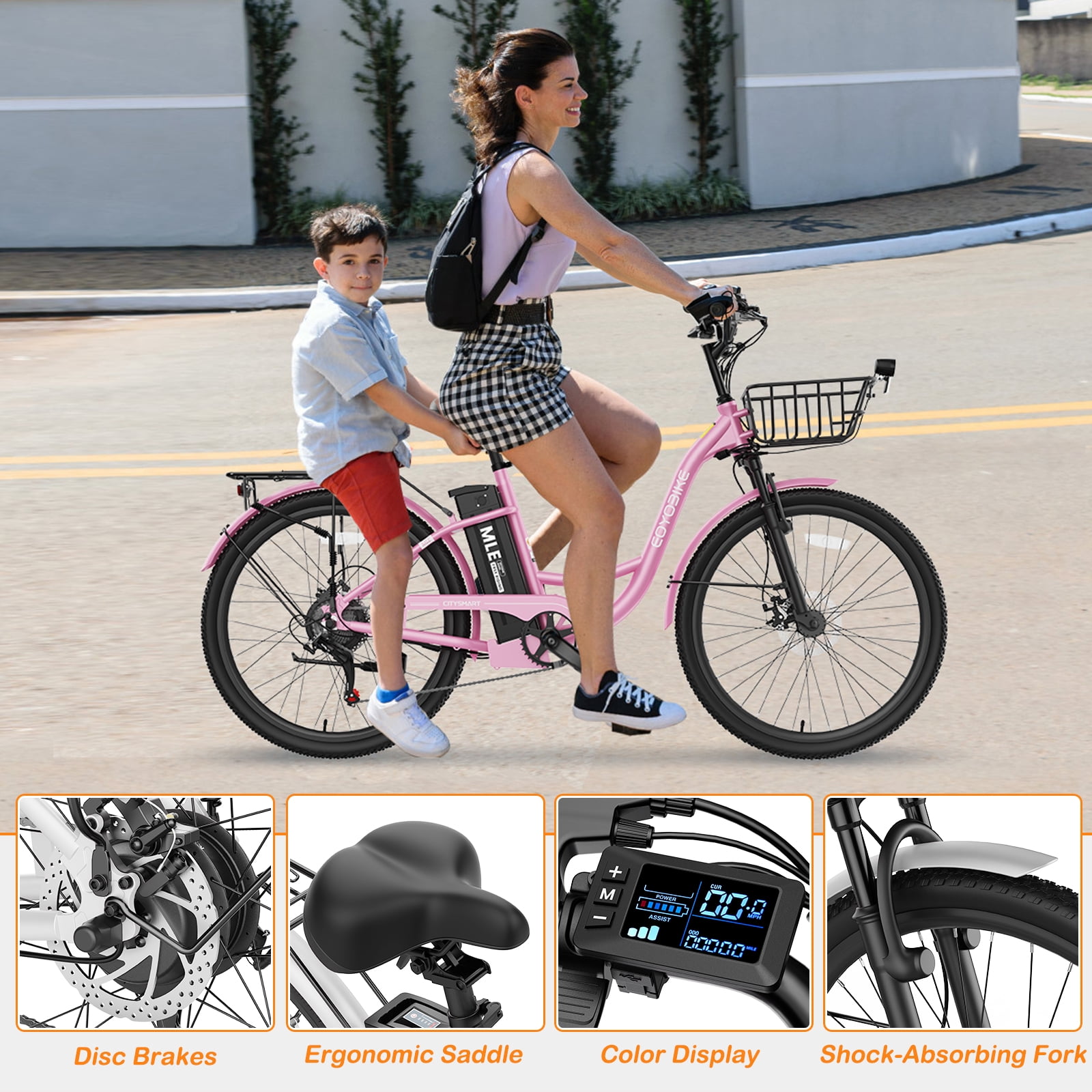 MOONCOOL Electric Bicycle for Adults 350W , 7-Speed Ebike with 36V 10.4Ah Removable Battery， 40 Miles Range , 20 mph Electric Commuter Bike for Women Men
