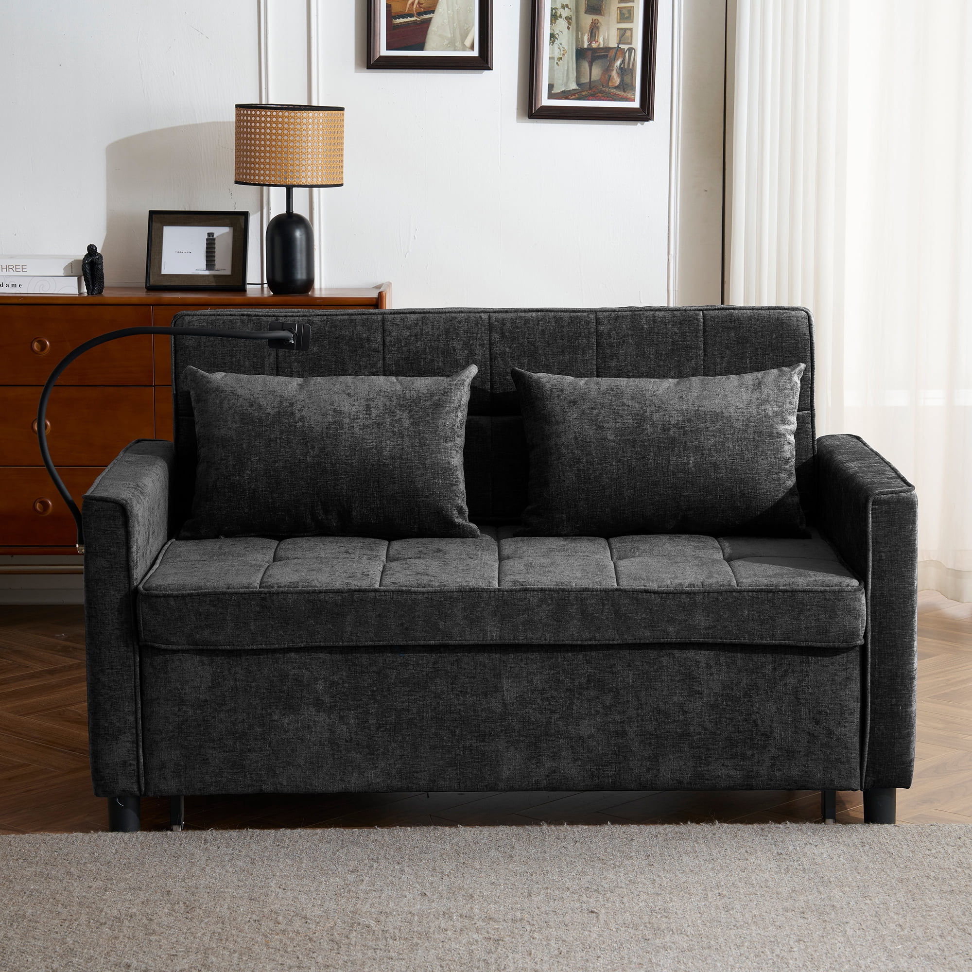 Euroco 56.9" Loveseat Sofa Pull-out Sofa Bed Sleeper Sofa with a Reversible Backrest Cushion, Side Pockets, Two USB Ports and a Phone Holder for Living Room, Black