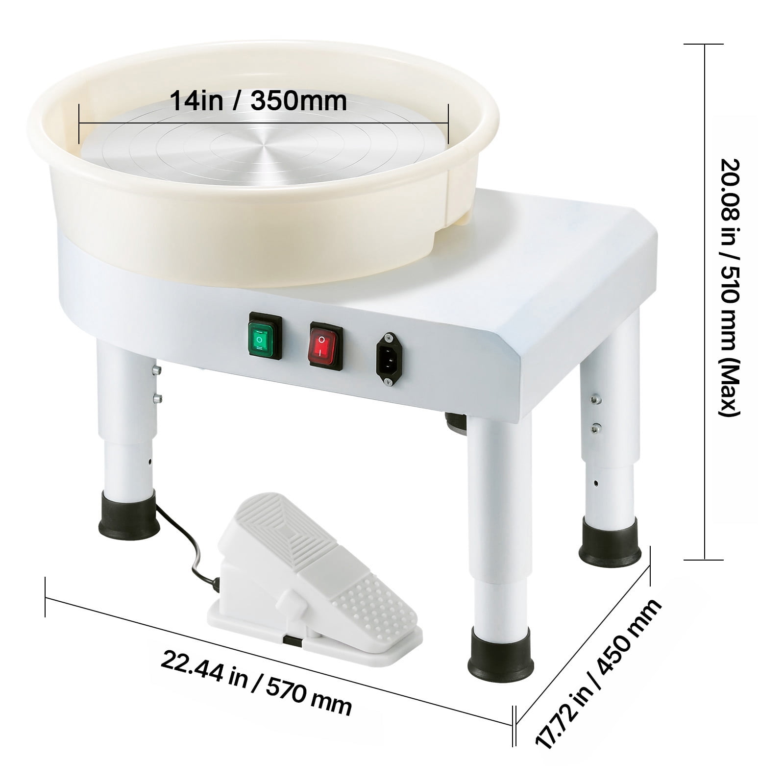 KFFKFF 14-inch Pottery Wheel with Adjustable Speed, Foot Pedal Control, Detachable Basin, Adjustable Legs, and Full Accessories for Home Pottery and DIY Projects, White