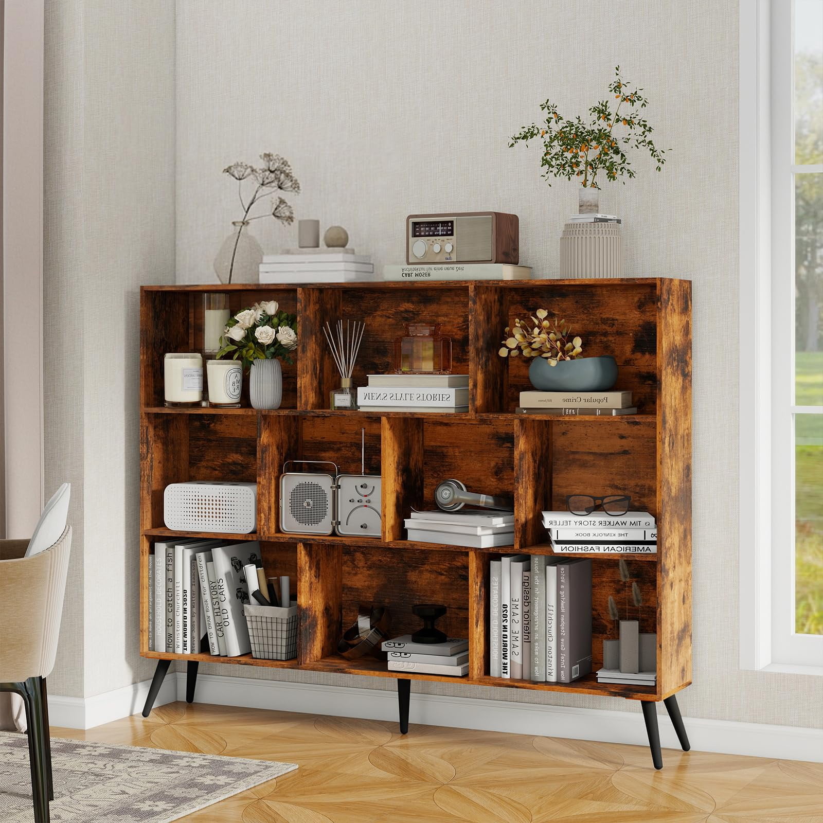 Danolapsi Wooden 3-Tier Open Shelf Bookcase,10 Cubes Bookshelf,3-Tier Floor Standing Display Cabinet Rack,Freestanding Book Shelf Storage Organizer with 5 Iron Legs for Home Office,Living Room