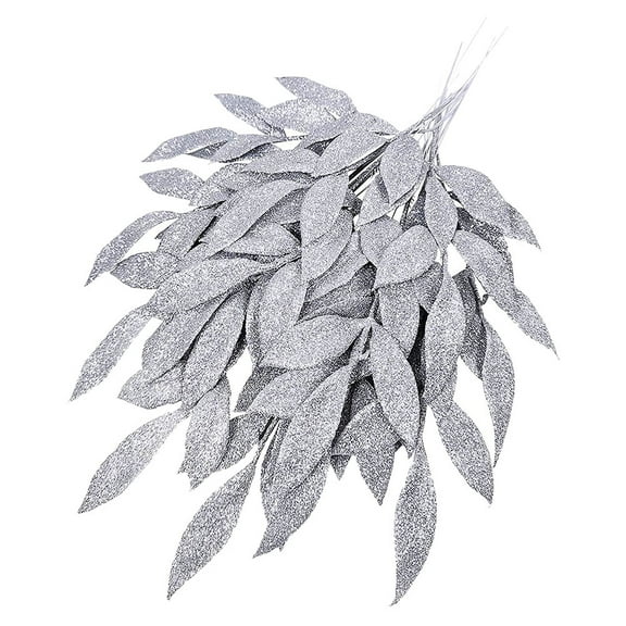 WHAMVOX 10Pcs Silver Glitter Leaves for Christmas and DIY Wreath Decor