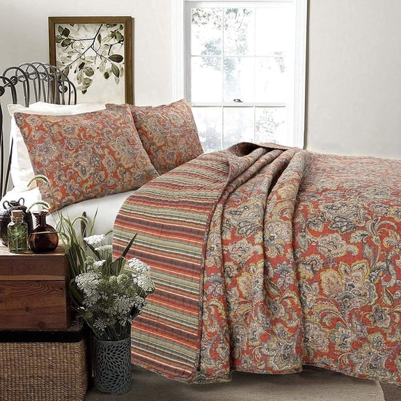 Red Orange Vintage Reversible 100% Cotton 3-Piece Quilt Bedding Set, Coverlet Bedspread (Lara Spice Paisley, Queen - 3 Piece)