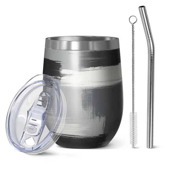 12oz Stemless Wine Tumblers Black and Grey Abstract Art Artwork Vacuum Insulated Stainless Steel Travel Tumbler Cups Mug with Lid and Straw for Champaign,Cocktail,Beer with Cleaning Brush