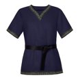 thumbnail image 2 of Belted Peasant Medieval Outfit, V Neck Medieval Viking Short Sleeve Tunic, Printed Trim Warrior Peasant Cosplay Top With Belt, Multi Earth Tone Larp Halloween Costume Shirt, Blue 3XL, 2 of 8
