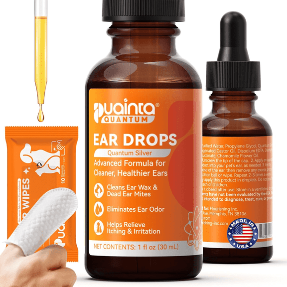 PUAINTA Dog Ear Drops with Finger Cots, Quantum Silver Ear Cleaner for Dogs & Cats, Relieves Itching & Wax Build-Up, 1 oz