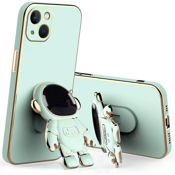 Compatible with iPhone 15 Case for Women Men, Ultra Soft iPhone 15 Phone Case with Stand Silicone TPU Plating Cute Astronaut Pattern Cases Cover (Green)