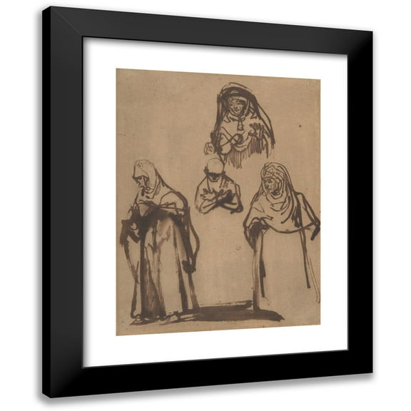 Rembrandt van Rijn 12x14 Black Modern Framed Museum Art Print Titled - Study Sheet with Three Women and a Boy (ca. 1638-39)
