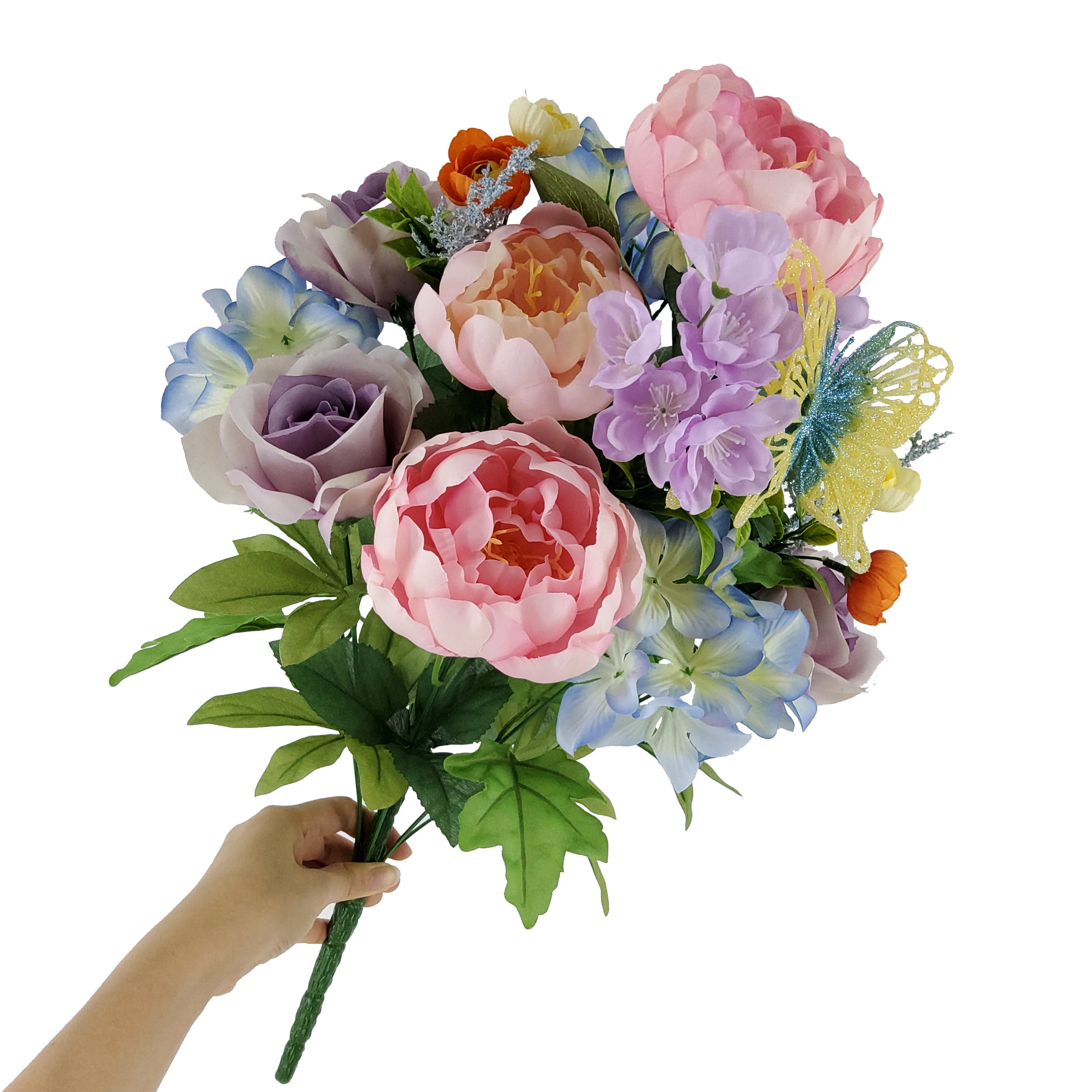 Mainstays 21in Indoor and Outdoor Artificial Mixed Butterfly Bouquet, Pink Peony & Purple Rose.