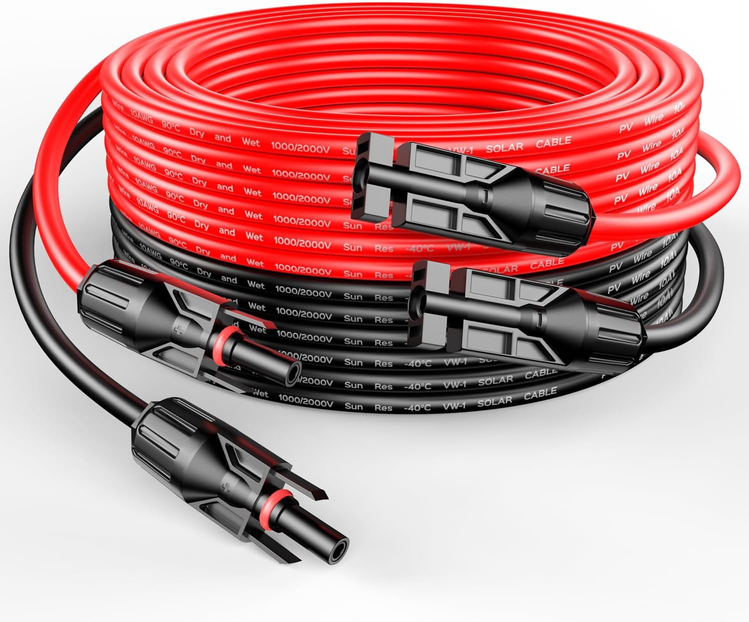 10 Gauge 10AWG One Pair 30 Feet Red + 30 Feet Black Solar Panel Extension Cable Wire with Female and Male Connectors (30FT 10AWG)