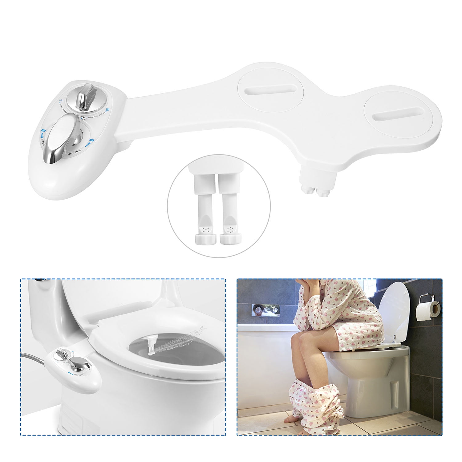 Cold Water Spray Bathroom Bidet TeqHome Self Cleaning Dual Nozzle Non-Electric Mechanical Toilet Restroom Seat Cover Attachment