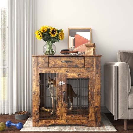 Vivifying Dog Crate End Table with Drawer, Pet Kennels with Double Doors , Furniture for Dogs Dog House Indoor Use, (Rustic Brown,29.92”w x 24.80”d x 30.71”h)