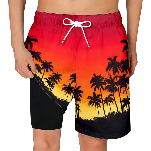 Hienoo Boys Beach Swim Trunks with Compression Liner Quick-Dry Swim Shorts, Sizes 5-16