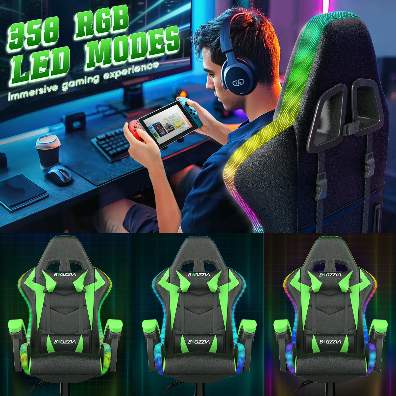 Bigzzia Gaming Chair with LED Lights Ergonomic Office Chair for Adults and Kids - Adjustable Height, 360° Swivel, Headrest Support, Mesh PU Leather, Black & Green
