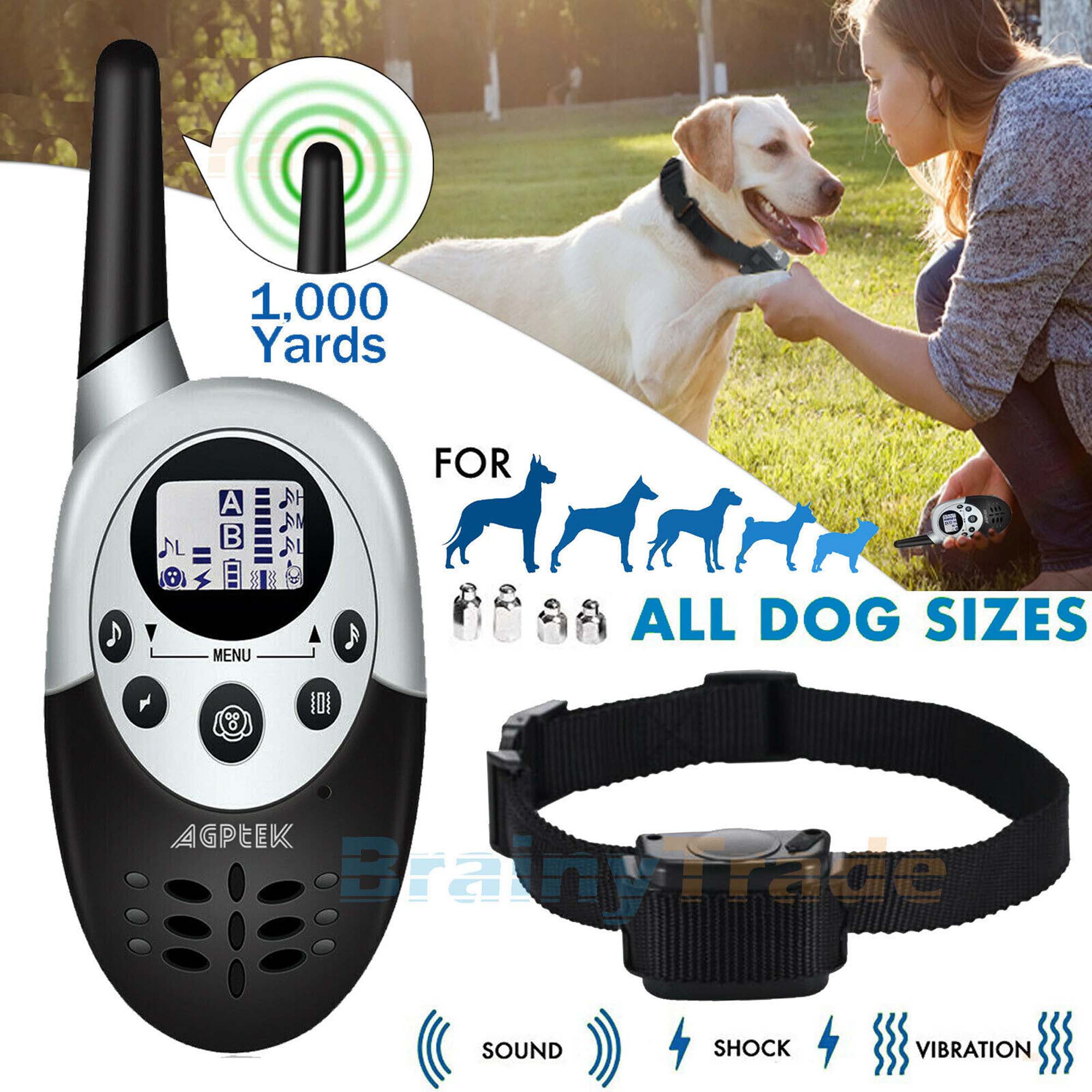 Waterproof Rechargeable 1000Yard Dog LCD Shock Vibra Training Collar with Remote 