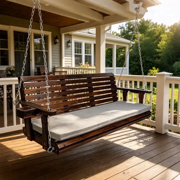 Innovaze 5.5 Ft Wooden Porch Swing with Seat Cushion, Cup Holders, Hanging Chains and 7mm Springs, Heavy Duty 880 LBS (Deep Brown, 3-Seater )