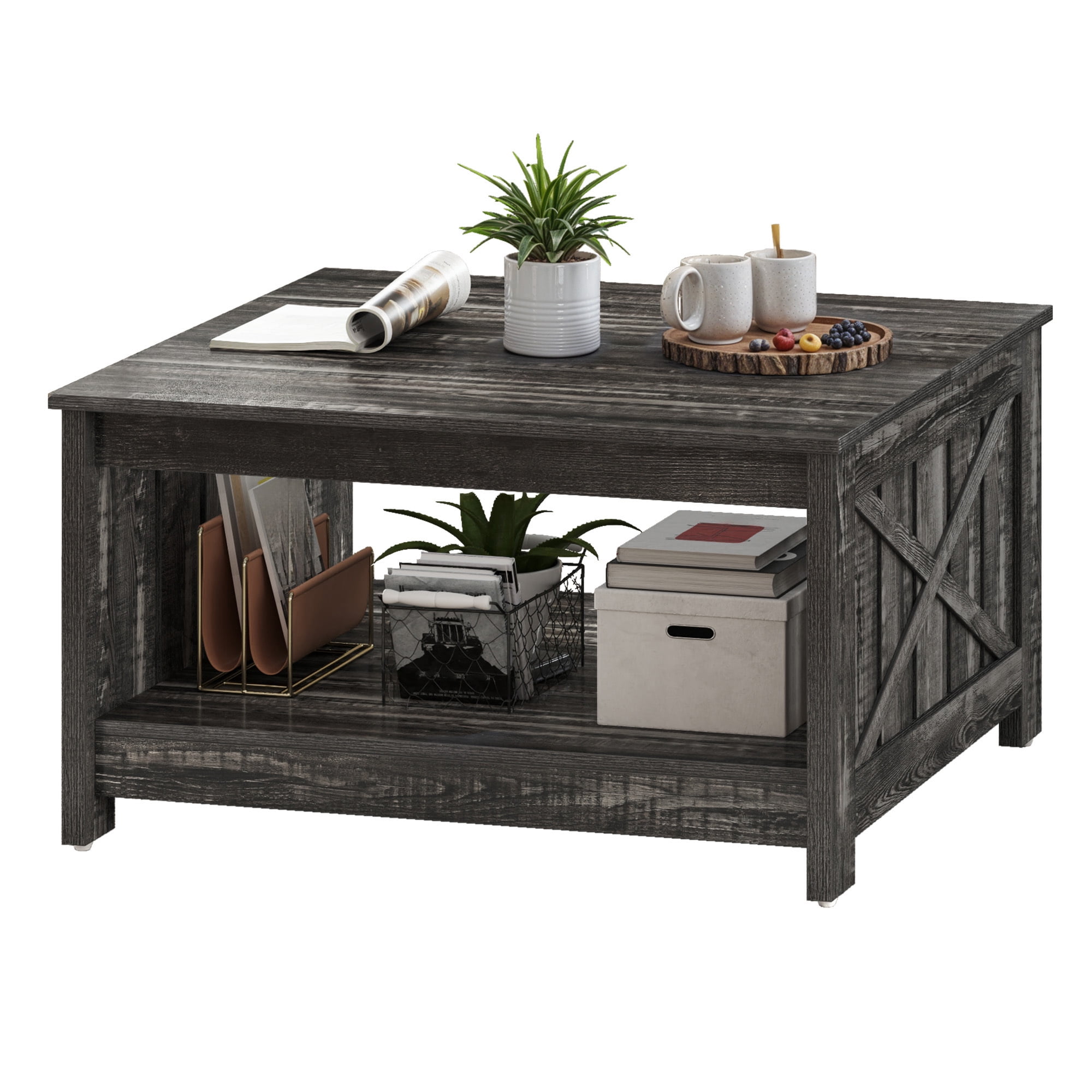 Uforic 80x80x45cm Farmhouse Wood Square Coffee Table, 2-Tier Storage Coffee Table for Living Room (Dark Rustic Oak)