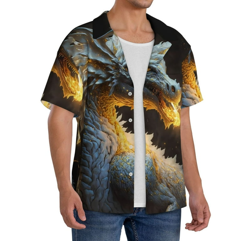 Zeuib Golden White Fire Dragon Men's Short Sleeve Button-Down