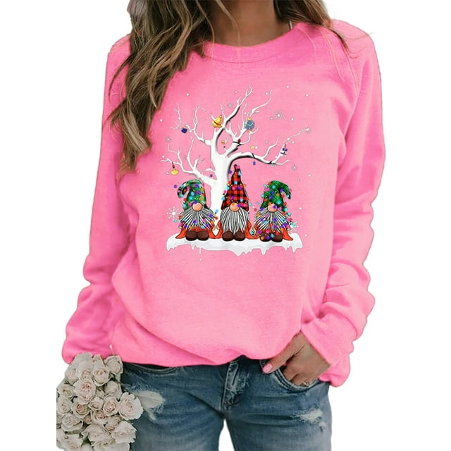 Innerwin Sweatshirts de Noël Imprimé Gnome pour Femmes, Pull-Over, Col Rond, Confortable, Rose S