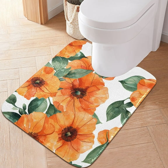 Toilet Rug U-Shaped Bathroom Rugs Non-Slip Soft Plush Machine Washable Contour Bath Mat Watercolor Orange Flowers 24x20