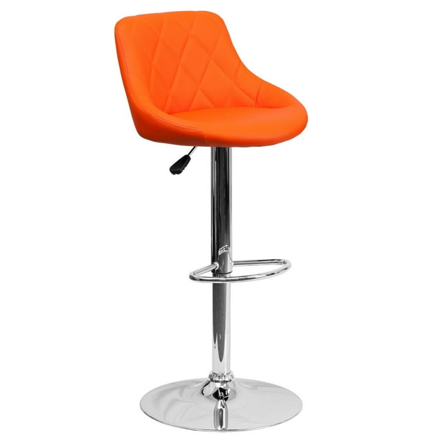 Contemporary Orange Vinyl Bucket Seat Adjustable Height Barstool with Diamond Pattern Back and Chrome Base