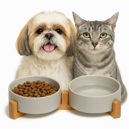 13.5oz Ceramic Dog and Cat Bowls with Bamboo Stand, Tilted Elevated Pet Feeder, Non-Slip Food and Water Bowls for Small Dogs and Cats, Anti-Vomit Design, Dishwasher Safe, Modern Style