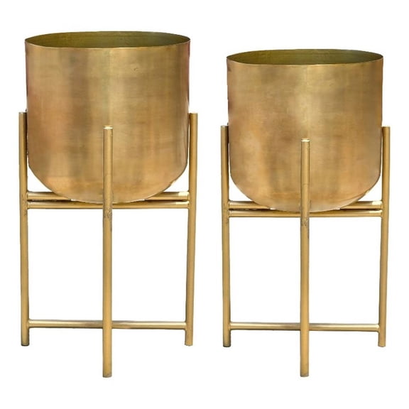 Aira Set of 2 Planters - 19- 22" Tall - Foldable Metal Stand - Brass Finish