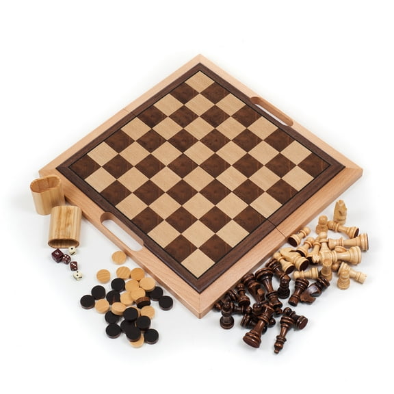 3-in-1 Chess, Backgammon, and Checkers Wood Board Game Set - Easy to Store and Travel