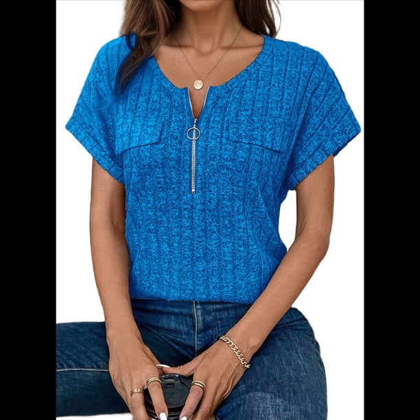 Blusas de Talla Grande para Mujer, Túnicas de Corta con Cremallera de 1/4, Azul Real L