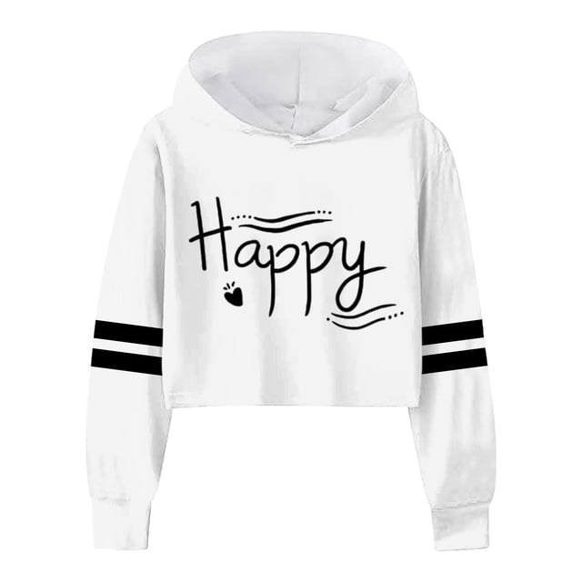 FAOWME Sweat à Capuche Court à Manches Longues pour Filles, Couleur Unie, Blanc, 8-9 Ans