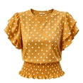 thumbnail image 3 of ClodeEU Women's Polka Dot Round Neck Ruffle Short Sleeve Peplum Crop Blouse,Casual Summer Flowy Waist Shirred Top Yellow,Women's Plus M, 3 of 5