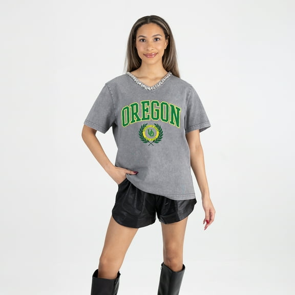 Women's Gameday Couture Gray Oregon Ducks Iconic Edge Rhinestone V-Neck T-Shirt