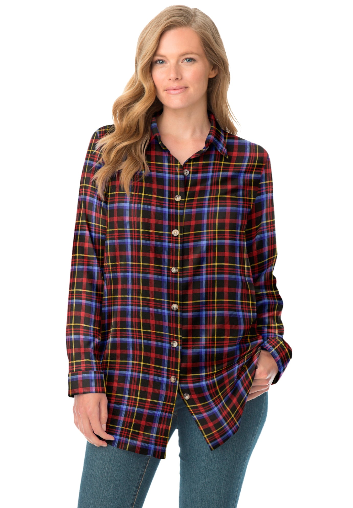 Woman Within Women's Plus Size Classic Flannel Shirt - 3X, Black ...