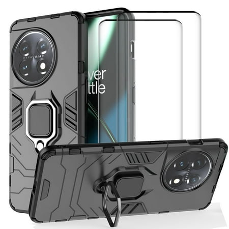 Ytaland for OnePlus 11 Case,with 2 x 3D Curved Tempered Glass Screen Protector. (3 in 1) Shockproof Bumper Protective Phone Cover with Ring Kickstand, Magnetic Car Mounts Supports (Black)