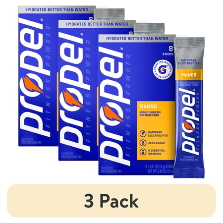 (3 pack) Propel Zero Sugar Mango, On the Go Packs, Electrolyte Powder Drink Mix, 0.11 oz, 8 Count packets