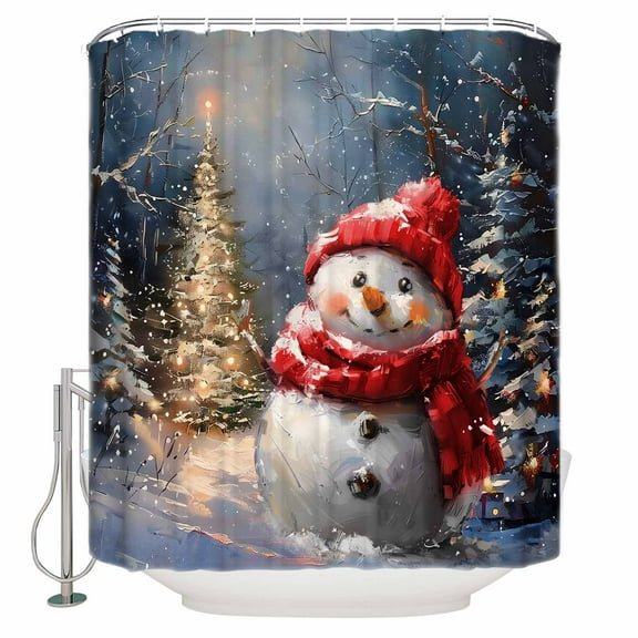 Fabric Shower Curtain, Christmas Cute Red Scarf Snowman Bathroom Curtain with 12 Hooks Waterproof No Bad Odor Machine Washable Bath Curtains for Bathroom, Spa Room, 72"x72"