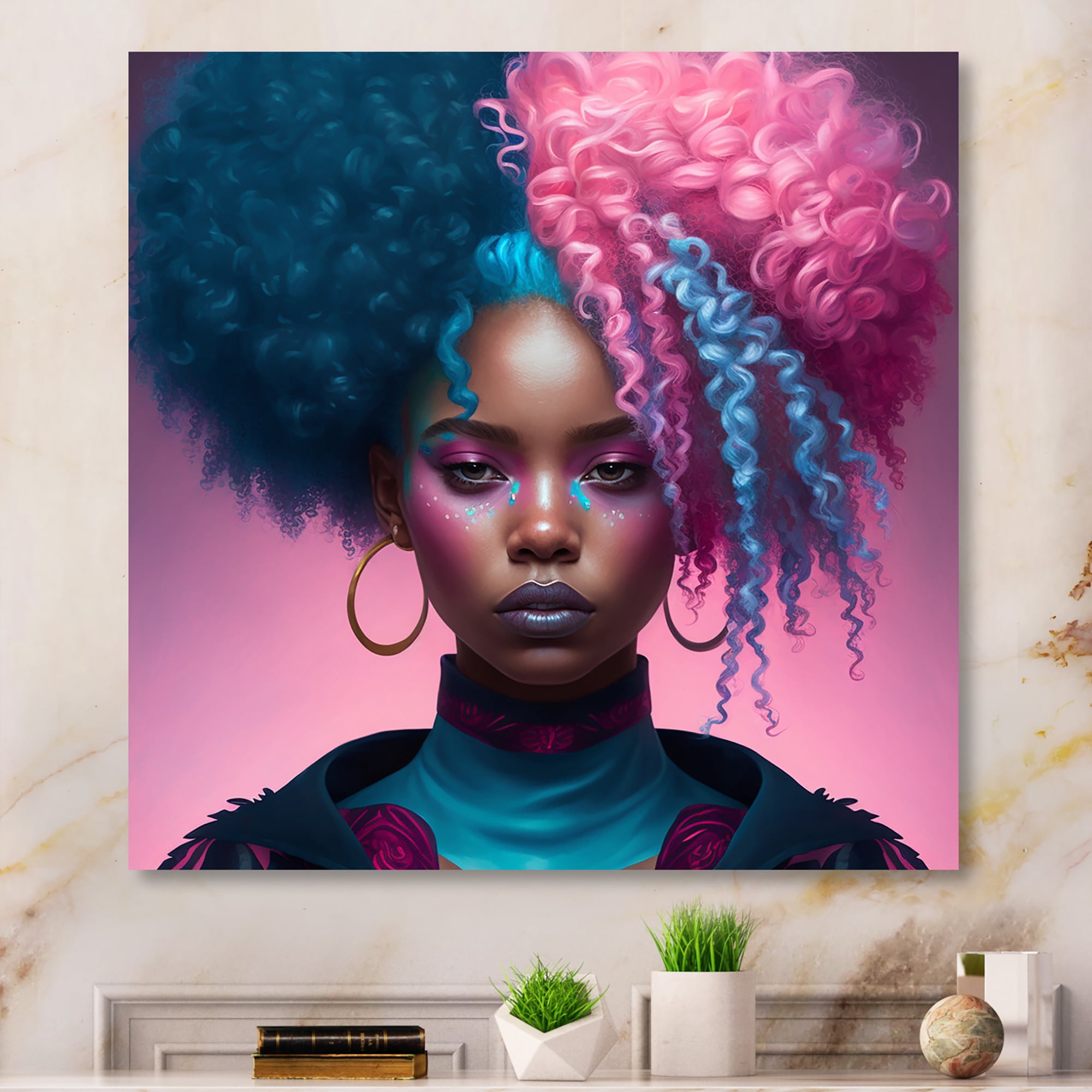 Designart Hip Hop Girl With Pink And Blue Hair III Canvas Wall Art