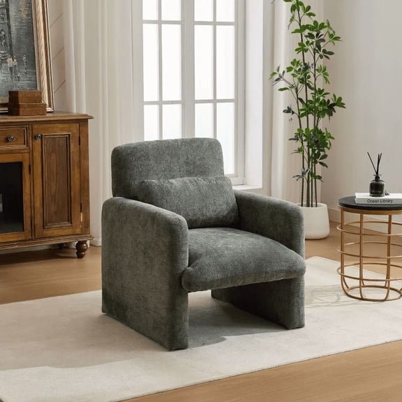 HomePerch Modern Boucle Accent Chair with Arms, Comfy Upholstered Leisure Single Sofa Chair with Waist Pillow, Contemporary Sherpa Fabric Armchair for Living Room, Bedroom, Apartment or Office, Green