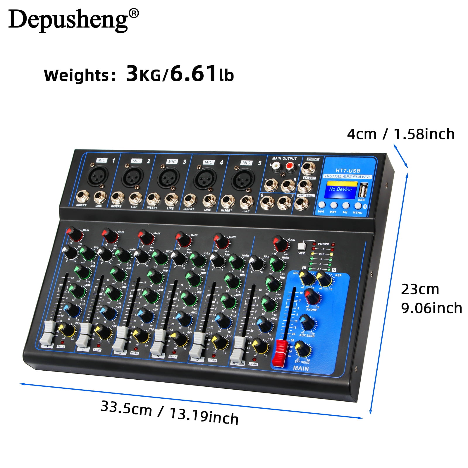 Depusheng HT7 Professional Audio Mixer Mixing Console 48V ower for Computer Recording, 7-Channel Bands Mixing Boards For Studio Recording