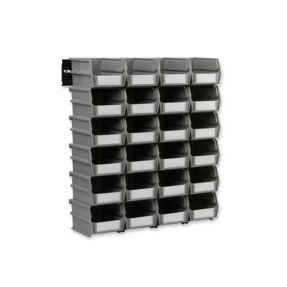 Triton Products 26 Pc Wall Storage Unit with 5-3/8 In. L x 4-1/8 In. W x 3 In. H Gray Interlocking Poly Bins, 24 CT, Wall Mount Rails 8-3/4 In. L with Hardware, 2 Pk