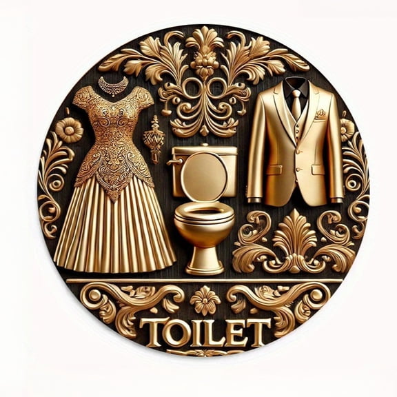 HELLOYOUNG Gold Toilet Sign 8x8 Inch Luxury Metal Tin Sign, Vintage Bathroom Decor Wall Art for Home Hotel Cafe Restroom with Hanging Hardware
