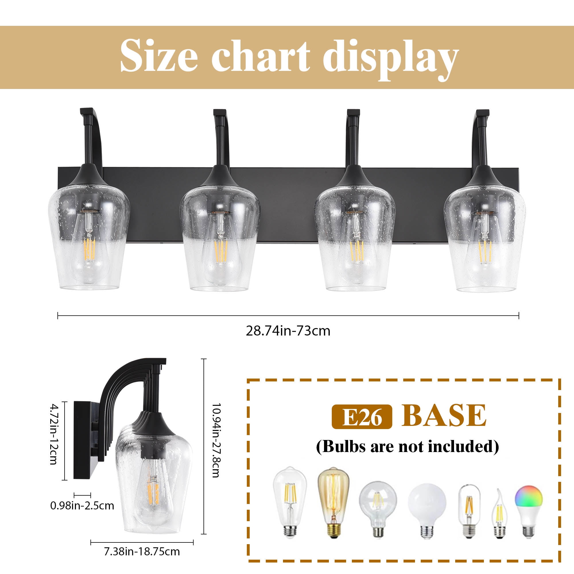 Industrial Vanity Light with Seed Glass Shades - 4-Light Matte Black Sconce for Bathroom & Bedroom