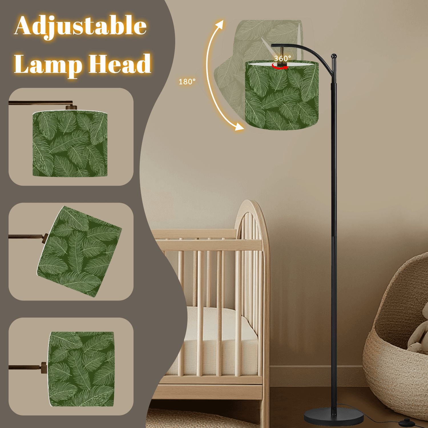 Arc Floor Lamp Luxury Nature green Floral Golden Tall Modern Standing Lamp LED Adjustable Linen Lampshade 3 Color Temperatures
