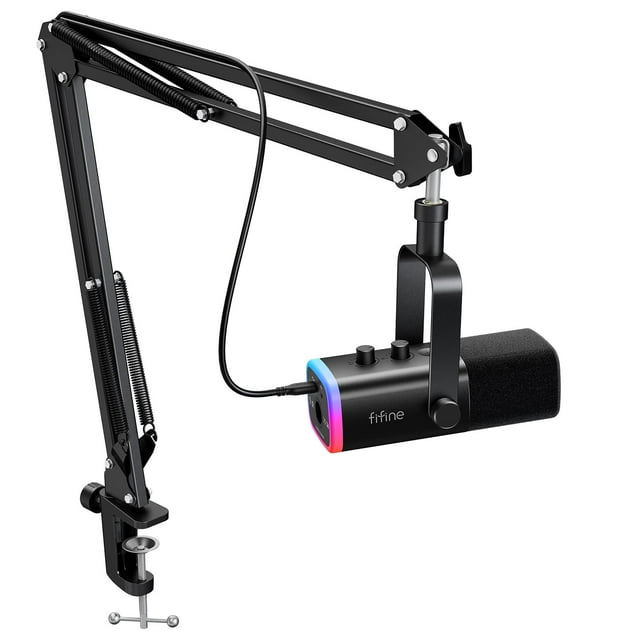 FIFINE Juego de micrófono para juegos XLR/USB, micrófono dinámico para PC para transmisión de podcasts, kit de micrófono RGB para computadora con soporte de brazo, botón de silencio, conector para aur
