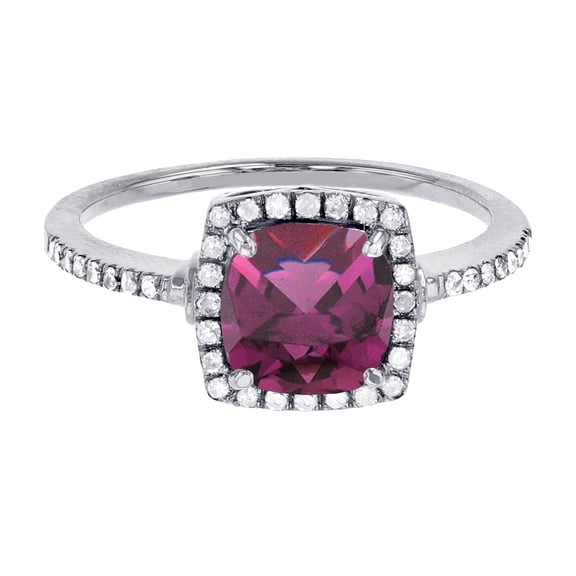 Decadence Sterling Silver Rhodium 7mm Cushion Rhodolite & Cr White Sapphire Halo Ring