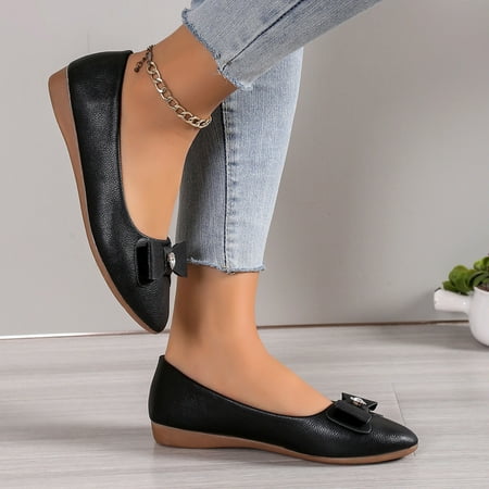 XDDST Large Size Casual Shoes for Women Flat Ladies Large Size Single Shoes Simple Pure Colour Bowknot Rhinestone Low Heel Flat Bottom Single Shoes Loafers Black