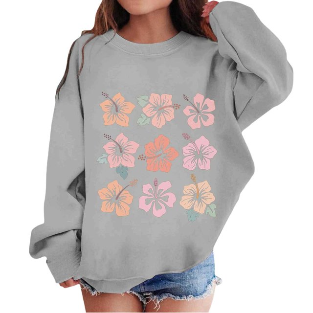 MEZZALL Chandail en Molleton Graphique pour Enfants Fille Col Rond Manches Longues Imprimé Fleuri, Gris, 10-11 Ans