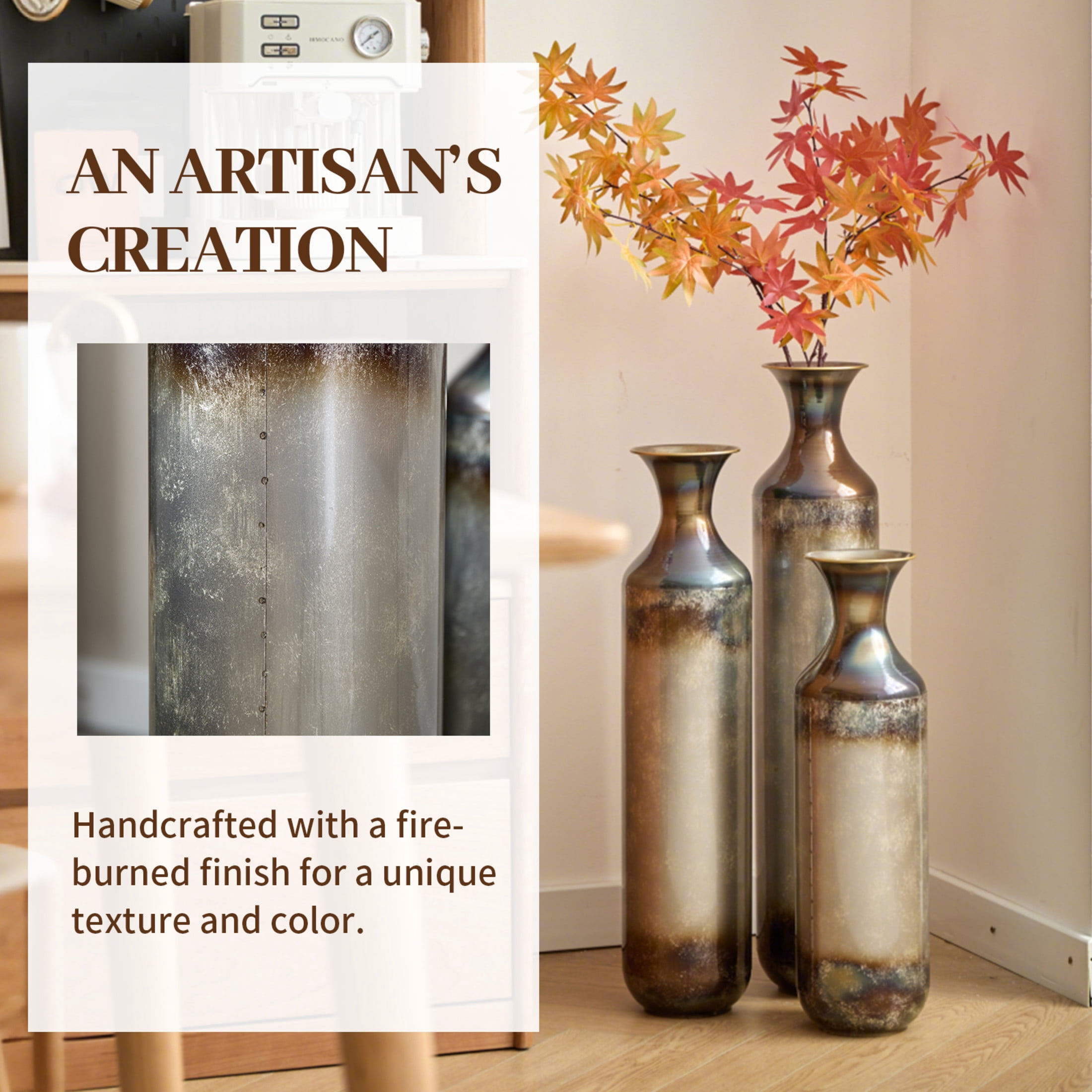Noble House Set of 3 Metal Floor Vases with Hand-Forged Burnt Finish, Gold + White
