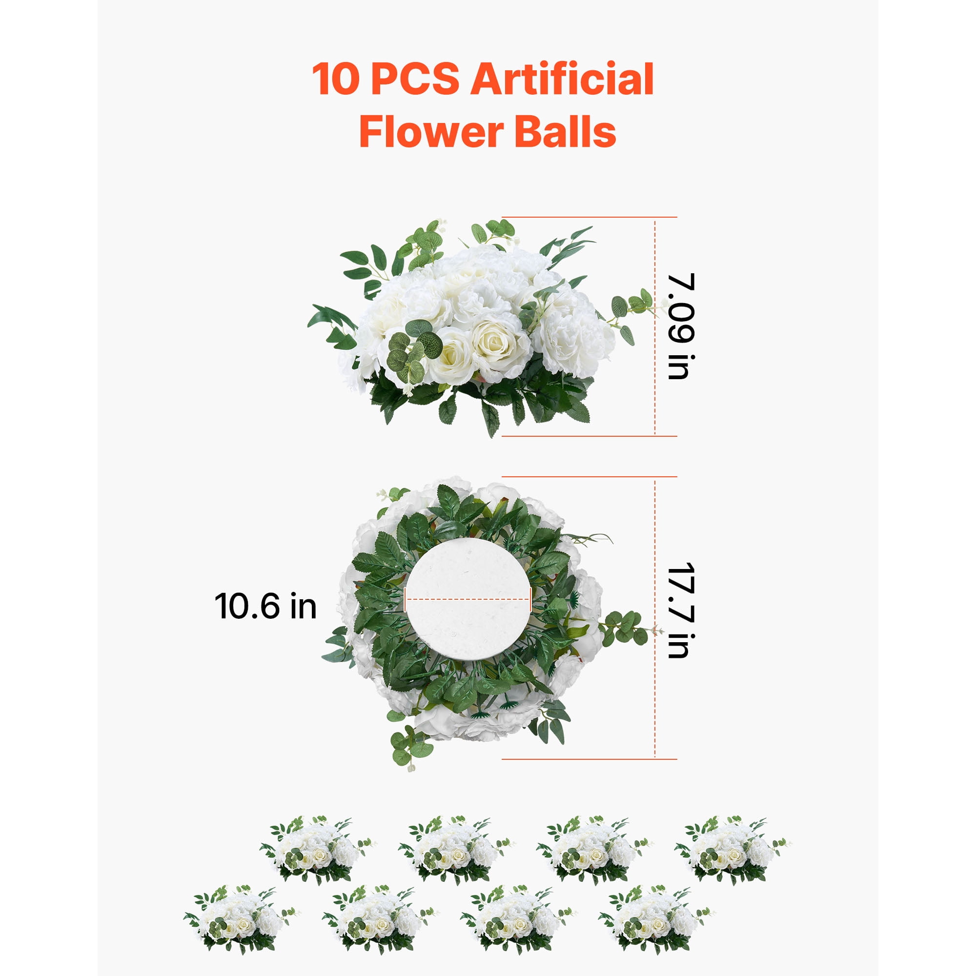 KFFKFF Set of 10 Artificial Flower Balls, 17.7-Inch Diameter White Rose Arrangements, Decorative Faux Floral Centerpieces for Weddings, Home, and Table Decor
